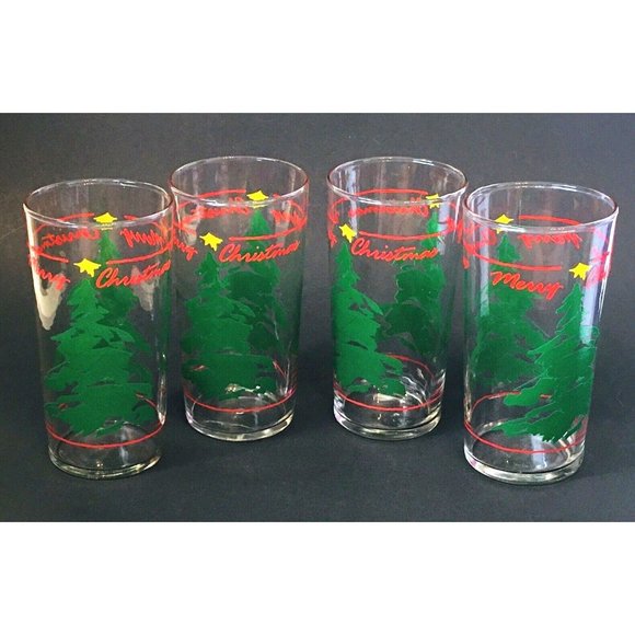 Christmas Tree Glass Set 4 - 12 oz Tumblers Vintage 1990 Abbey Press 5.25" - Picture 2 of 5
